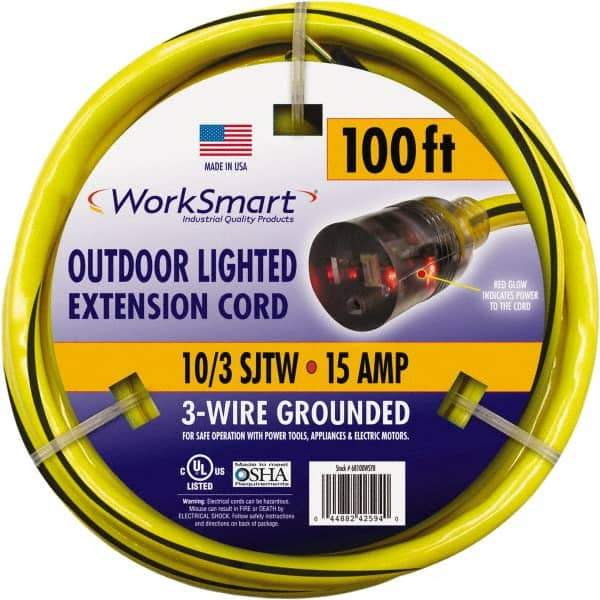 Value Collection - 100', 10/3 Gauge/Conductors, Yellow/Black Outdoor Extension Cord - 1 Receptacle, 15 Amps, UL SJTW, NEMA 5-15P - All Tool & Supply