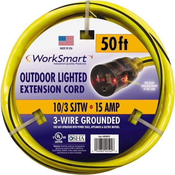 Value Collection - 50', 10/3 Gauge/Conductors, Yellow/Black Outdoor Extension Cord - 1 Receptacle, 15 Amps, UL SJTW, NEMA 5-15P - All Tool & Supply