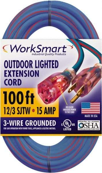 Value Collection - 100', 12/3 Gauge/Conductors, Blue/Red Outdoor Extension Cord - 1 Receptacle, 15 Amps, UL SJTW, NEMA 5-15P - All Tool & Supply