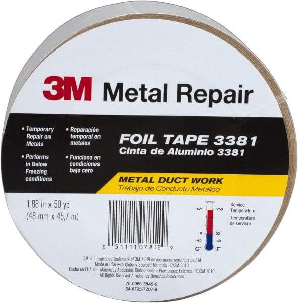 3M - 2" x 50 Yds Silver Foil Tape - 2.7 mil, Acrylic Adhesive, Aluminum Foil Backing, 10 Lb/ln Tensile Strength, -30°F to 260°F, Series 3381 - All Tool & Supply