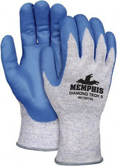 MCR Safety - Size M (8), ANSI Cut Lvl 5, Nitrile Coated Synthetic Leather Cut Resistant Gloves - 10" Long, Palm & Fingertips Coated, Slip-On Cuff, Blue, Paired - All Tool & Supply