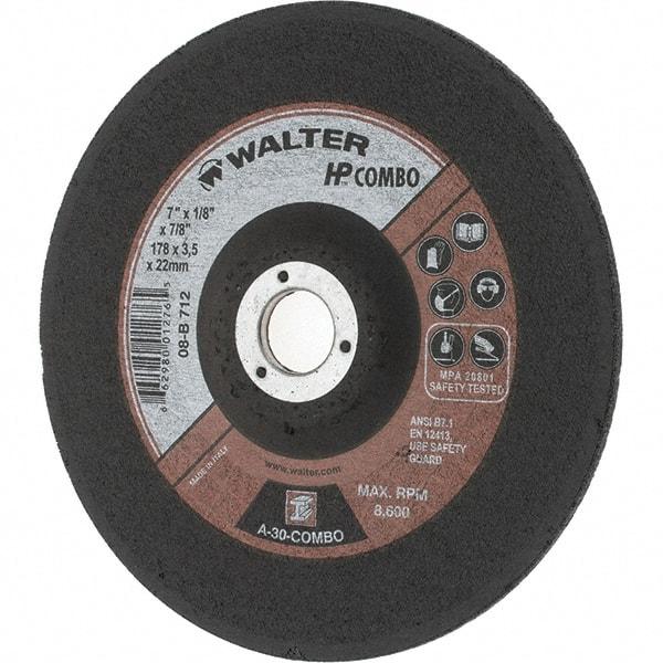 Value Collection - 30 Grit, 7" Wheel Diam, 1/8" Wheel Thickness, 7/8" Arbor Hole, Type 27 Depressed Center Wheel - Aluminum Oxide, Resinoid Bond, 8,600 Max RPM - All Tool & Supply