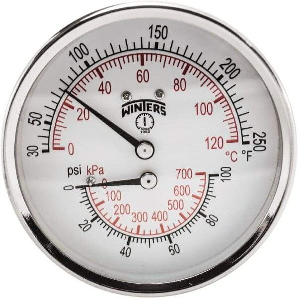 Winters - 3" Dial, 1/2 Thread, 0-100 Scale Range, Pressure Gauge - Center Back Connection Mount, Accurate to 0.03% of Scale - All Tool & Supply