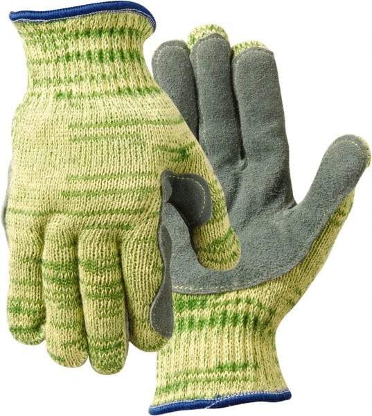 Whizard - Size L (9), ANSI Cut Lvl 5, Split Back/Grain Palm Stainless Steel Cut & Puncture Resistant Gloves - 13" Long, Knit Wrist, Yellow/Green, Paired - All Tool & Supply