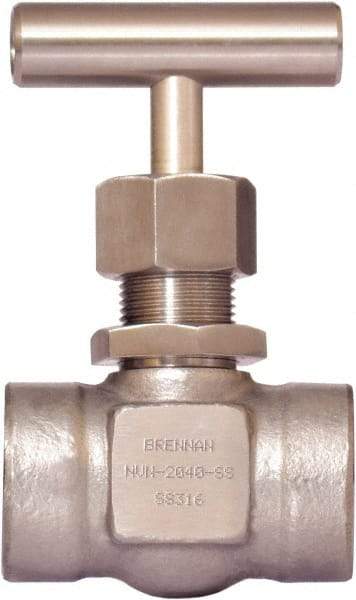 Brennan - 1/2" Pipe, Straight Needle Valve - PTFE Seal, NPT Ends, Stainless Steel Valve, 6,000 Max psi - All Tool & Supply