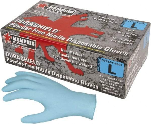 MCR Safety - Size 3XL, 4 mil, Industrial Grade, Powder Free Nitrile Disposable Gloves - 9-1/2" Long, Blue, Textured Rolled Cuffs, FDA Approved, Ambidextrous - All Tool & Supply