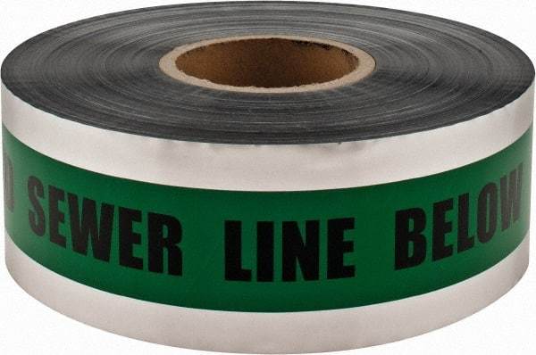 PRO-SAFE - Caution: Buried Sewer Line Below, Detectable Underground Tape - 1,000 Ft. Long x 3 Inch Wide Roll, Polyethylene on Aluminum, 5 mil Thick, Green - All Tool & Supply