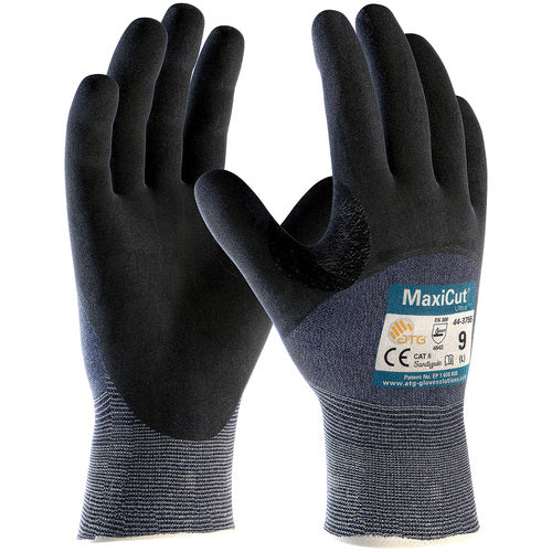 ‎44-3755/XL Cut Resistant Glove - MaxiCut Ultra - Blue 15G Eng Yarn - Black 3/4 Dip MicroFoam Nitrile - A3