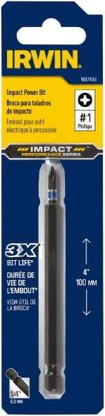 Irwin - #1 Phillips Screwdriver Bit - 1/4" Hex Drive, 4" OAL - All Tool & Supply