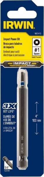 Irwin - #1" Square Size Square Recess Bit - 1/4" Hex Drive, 4" OAL - All Tool & Supply