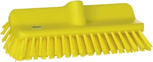 Vikan - 1-1/2" Bristle Length, Polyester Cleaning & Finishing Brush - 9-5/8" Long x 5" Wide Head, 10" OAL, European Threaded Handle, Yellow, Polypropylene Block - All Tool & Supply