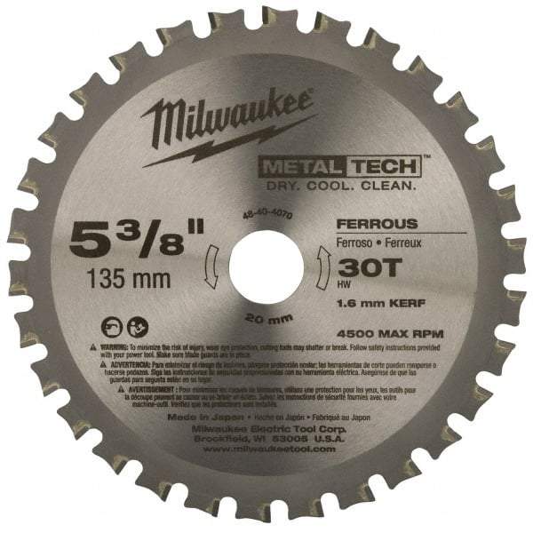 Milwaukee Tool - 5-3/8" Diam, 20mm Arbor Hole Diam, 30 Tooth Wet & Dry Cut Saw Blade - Carbide-Tipped, Standard Round Arbor - All Tool & Supply