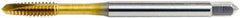OSG - #6-32 UNC, 2 Flute, TiN Finish, High Speed Steel Spiral Point Tap - Plug Chamfer, Right Hand Thread, 2" OAL, 11/16" Thread Length, 0.141" Shank Diam, Series 105 - Exact Industrial Supply