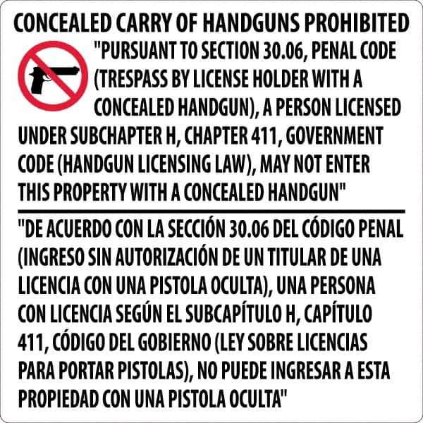 NMC - "Concealed Carry of Handguns Prohibited", 24" Long x 24" Wide, Rigid Plastic Safety Sign - Square, 0.05" Thick, Use for Accident Prevention - All Tool & Supply