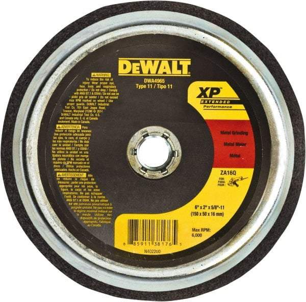 DeWALT - 6" Diam, 5/8" Hole Size, 2" Overall Thickness, 24 Grit, Type 11 Tool & Cutter Grinding Wheel - Coarse Grade, Zirconia Alumina, R Hardness, Resinoid Bond, 6,000 RPM - All Tool & Supply