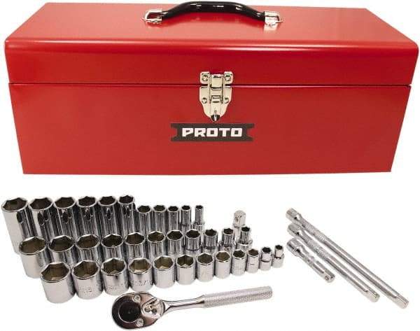 Proto - 39 Piece 3/8" & 1/2" Drive Chrome Finish Deep Well Socket Set - 6 Points, 5/16" to 1" Range, Inch Measurement Standard - All Tool & Supply