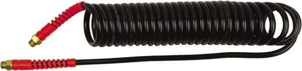 PRO-SOURCE - 1/4" ID, 1/4 Thread, 15' Long, Black Polyurethane Coiled & Self Storing Hose - 145 Max psi, Male Swivel x Male Swivel - All Tool & Supply