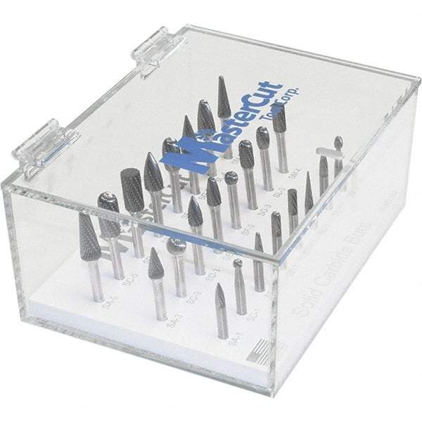 Made in USA - 24 Piece, 1/4" Shank Burr Set - Multiple Head Shapes, Solid Carbide, 14° Included Angle - All Tool & Supply