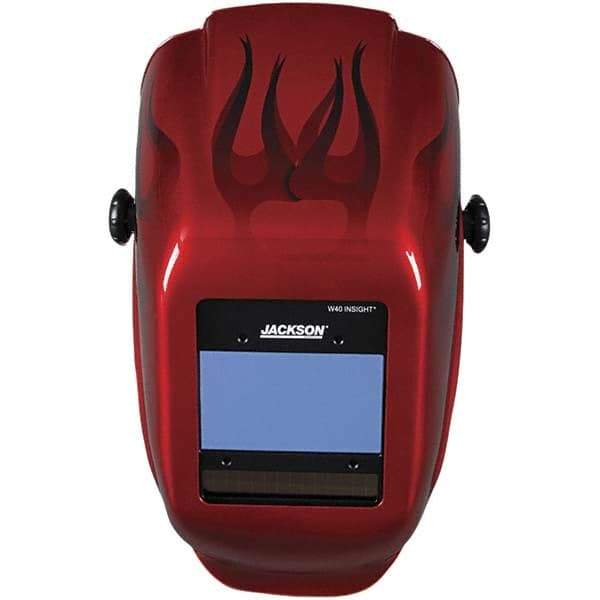 Jackson Safety - 2.36" Window Width x 3.93" Window Height, 9 to 13 Shade Auto-Darkening Lens, Fixed Front Welding Helmet - Red Flames Design, Thermoplastic Green Lens - All Tool & Supply