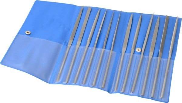 PFERD - 12 Piece Needle Pattern File Set - 6-1/4" Long, 0 Coarseness, Set Includes Flat, Hand, Crossing, Three Square, Square, Round, Half Round, Knife, Barrette, Flat with Round Edges, Crossing Oval - All Tool & Supply