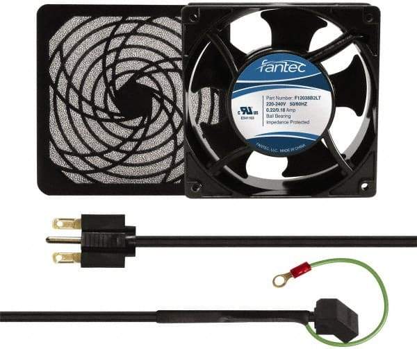 Made in USA - 230 Volts, AC, 80 CFM, Square Tube Axial Fan Kit - 0.07/0.06 Amp Rating, 120mm High x 120mm Wide x 38.5mm Deep, Includes Fan, Fan Guard, Fan Cord - All Tool & Supply