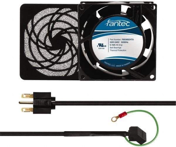 Made in USA - 230 Volts, AC, 32 CFM, Square Tube Axial Fan Kit - 0.06/0.05 Amp Rating, 3.15" High x 3" Wide x 38.5mm Deep, Includes Fan, Fan Guard, Fan Cord - All Tool & Supply