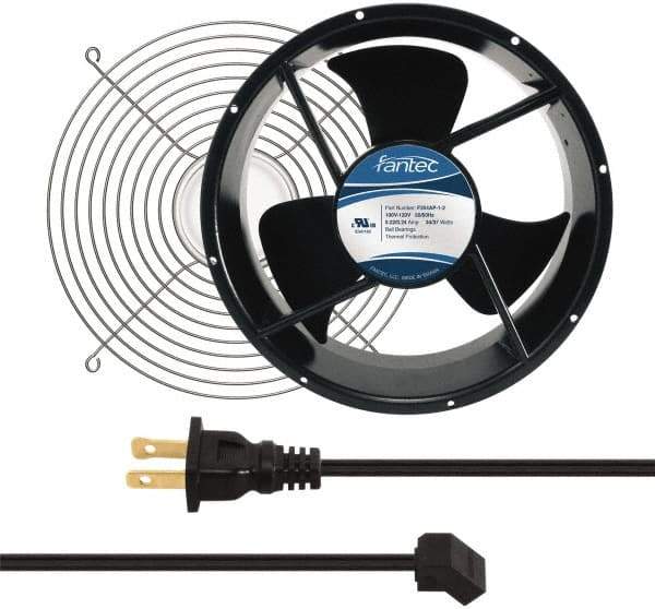 Made in USA - 115 Volts, AC, 600 CFM, Round Tube Axial Fan Kit - 0.22/0.24 Amp Rating, 254mm High x 254mm Wide x 89mm Deep, Includes Fan, Fan Guard, Fan Cord - All Tool & Supply