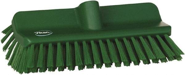 Vikan - 1-1/2" Bristle Length, Polyester Cleaning & Finishing Brush - 9-5/8" Long x 5" Wide Head, 10" OAL, European Threaded Handle, Green, Polypropylene Block - All Tool & Supply