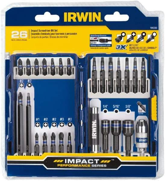 Irwin - 26 Piece, Phillips, Square, Torx, Hex Nutsetter Handle, Drive Set - 1/4 to 3/8" Hex, #1 to #3 - All Tool & Supply