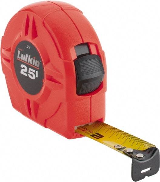 Lufkin - 25' x 1" Yellow Blade Tape Measure - 1/16" Graduation, A5 Graduation Style, High-Visibility Orange Case - All Tool & Supply