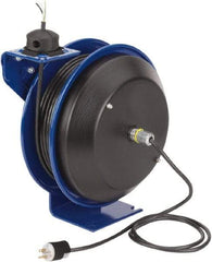 CoxReels - 16 AWG, 75' Cable Length, Cord & Cable Reel with Bare End - 0 Outlets, 13 Amps, 115 Volts, SJO Cable, Blue Reel, Spring Driven Reel - All Tool & Supply