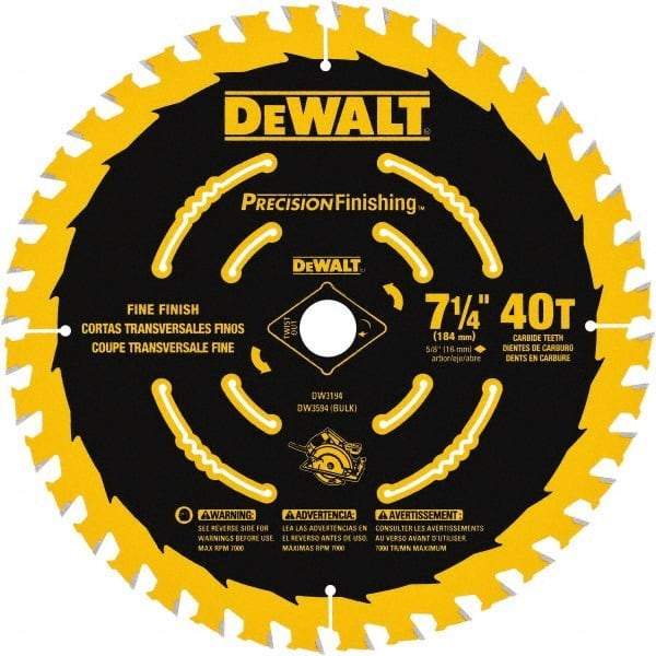 DeWALT - 7-1/4" Diam, 5/8" Arbor Hole Diam, 40 Tooth Wet & Dry Cut Saw Blade - Carbide-Tipped, Diamond Arbor - All Tool & Supply