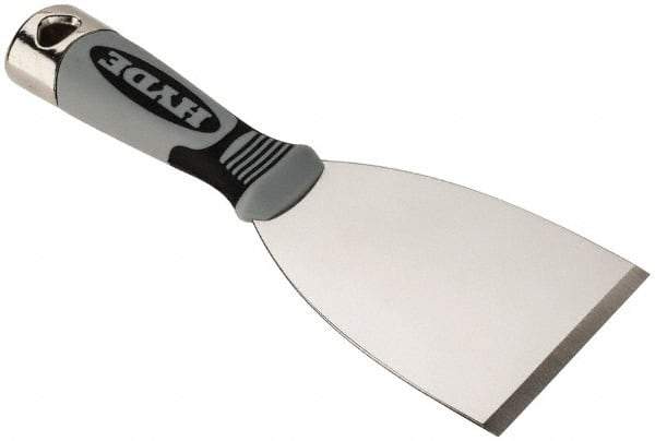 Hyde Tools - Stiff Stainless Steel Putty Scraper - 3" Blade Width x 4" Blade Length, 4-1/4" Long Cushioned Grip Handle - All Tool & Supply