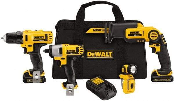 DeWALT - 12 Volt Cordless Tool Combination Kit - Includes 3/8" Drill/Driver, 1/4" Impact Driver, Pivot Reciprocating Saw & LED Worklight, Lithium-Ion Battery Included - All Tool & Supply