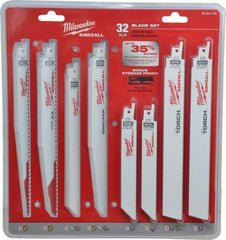 Milwaukee Tool - 32 Piece, 6" to 9" Long x 0.04" to 0.05" Thick, Bi-Metal Reciprocating Saw Blade Set - Straight Profile, 5-8 to 24 Teeth per Inch, Toothed Edge - All Tool & Supply