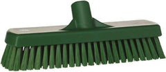 Vikan - 1.7" Bristle Length, Polyester Scrub Brush - 11-1/4" Long x 3" Wide Head, 12" OAL, European Threaded Handle, Green, Polypropylene Block - All Tool & Supply