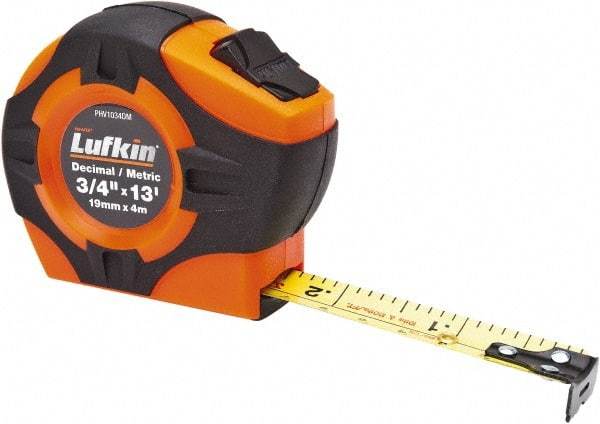 Lufkin - 12' x 19mm Yellow Blade Tape Measure - 1/16" & 1/10 & 1/100' & 1mm Graduation, A29 Graduation Style, High-Visibility Orange Case - All Tool & Supply