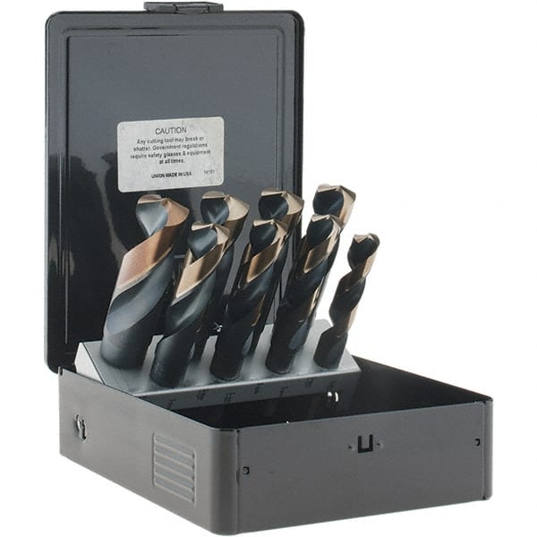 Made in USA - 9/16 to 1", 135° Point, Oxide/Gold Finish, High Speed Steel Reduced Shank Drill Bit Set - Exact Industrial Supply