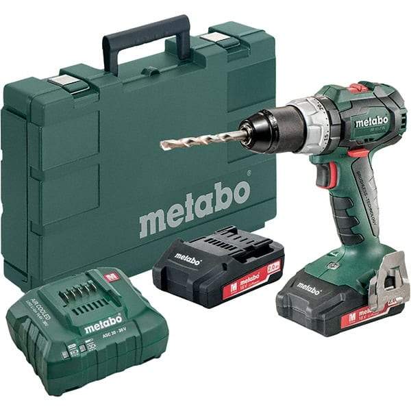 Metabo - 18 Volt 1/16 to 1/2" Keyless Chuck Cordless Hammer Drill - 31950 BPM, 600 to 2,100 RPM, Reversible, Pistol Grip Handle - All Tool & Supply