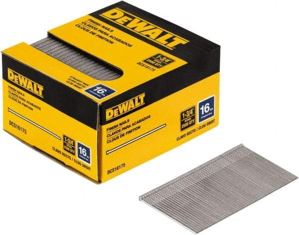 DeWALT - 16 Gauge 1-3/4" Long Finishing Nails for Power Nailers - Steel, Bright Finish, Smooth Shank, Angled Stick Collation, Round Head, Chisel Point - All Tool & Supply