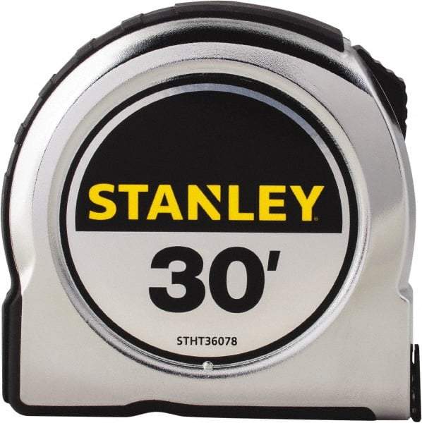 Stanley - 30' x 1" Yellow Steel Blade Tape Measure - 1/16" Graduation, Chrome ABS Plastic Case - All Tool & Supply