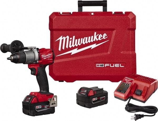 Milwaukee Tool - 18 Volt 1/2" Chuck Pistol Grip Handle Cordless Drill - 0-550 & 0-2000 RPM, Single-Sleeve Ratcheting Chuck, Reversible, 2 Lithium-Ion Batteries Included - All Tool & Supply