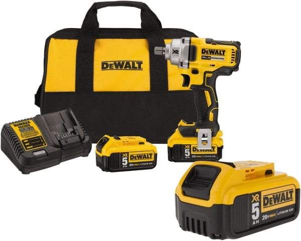 DeWALT - 1/2" Drive 20 Volt Mid-Handle Cordless Impact Wrench & Ratchet - 2,000 RPM, 0 to 3,100 BPM, 330 Ft/Lb Torque, 3 Lithium-Ion Batteries Included - All Tool & Supply