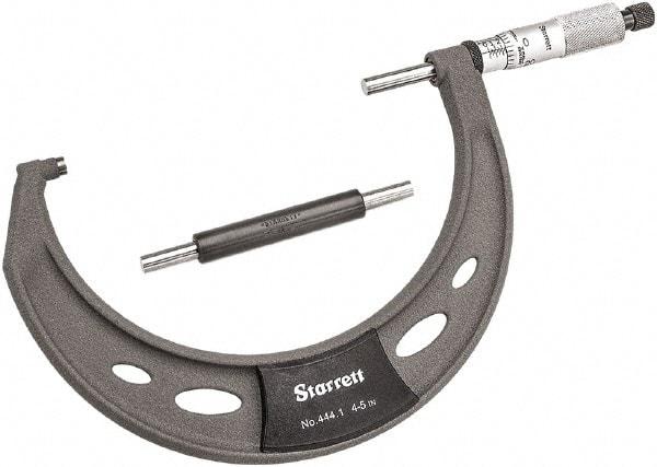 Starrett - 4 to 5" Range, 0.0001" Graduation, Mechanical Outside Micrometer - Ratchet Thimble, 2-3/4" Throat Depth, Accurate to 0.0001" - All Tool & Supply