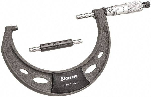 Starrett - 3 to 4" Range, 0.0001" Graduation, Mechanical Outside Micrometer - Ratchet Thimble, 2-1/4" Throat Depth, Accurate to 0.0001" - All Tool & Supply