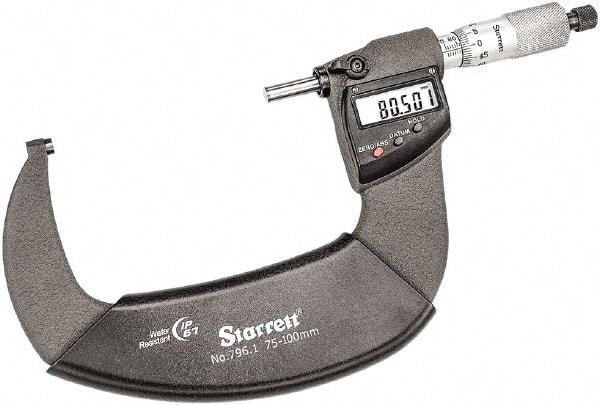 Starrett - 75 to 100mm Range, 0.001mm Graduation, Mechanical Outside Micrometer - Ratchet Thimble, 55mm Throat Depth, Accurate to 0.001mm - All Tool & Supply