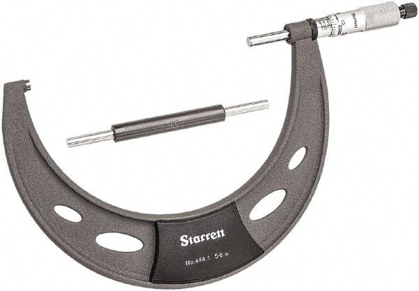 Starrett - 5 to 6" Range, 0.0001" Graduation, Mechanical Outside Micrometer - Ratchet Thimble, 3.35" Throat Depth, Accurate to 0.0001" - All Tool & Supply