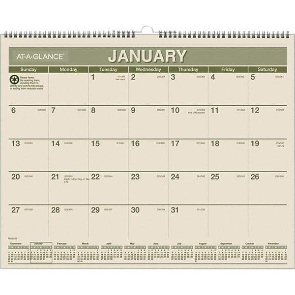 AT-A-GLANCE - 12 Sheet, 15 x 12", Wall Calendar - Green & White - All Tool & Supply