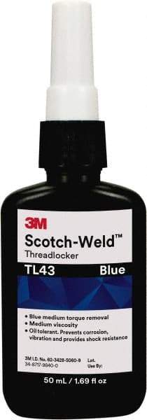 3M - 50 mL, Blue, Medium Strength Liquid Threadlocker - Series TL43, 24 hr Full Cure Time - All Tool & Supply