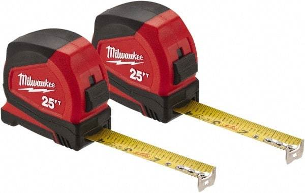 Milwaukee Tool - 25' x 1" Steel Blade Tape Measure - 1/16" Graduation, Red/Black Case - All Tool & Supply